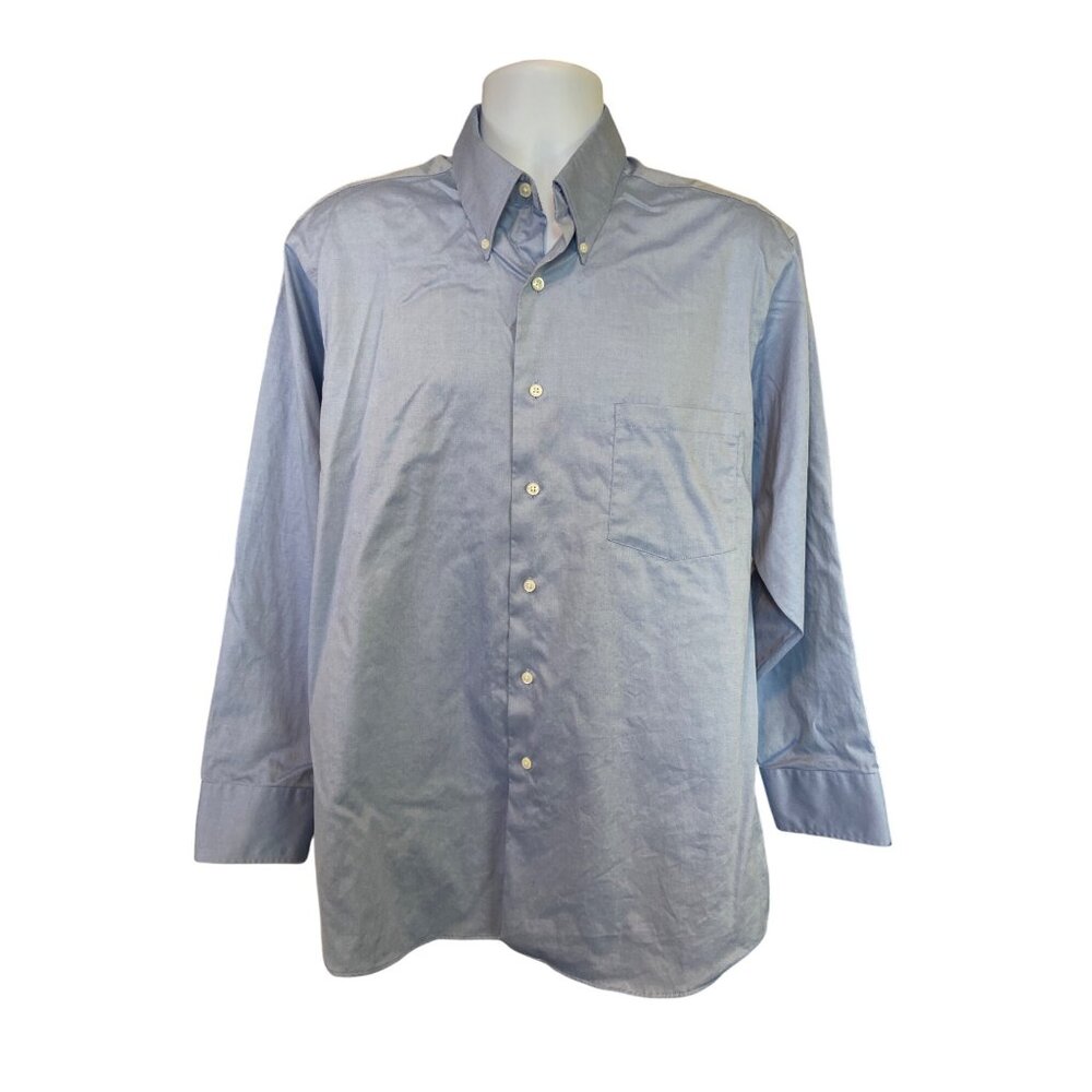 Geoffrey Beene Blue Button Down Shirt XL 17 32/33 Wrinkle Free Cotton Corpcore
